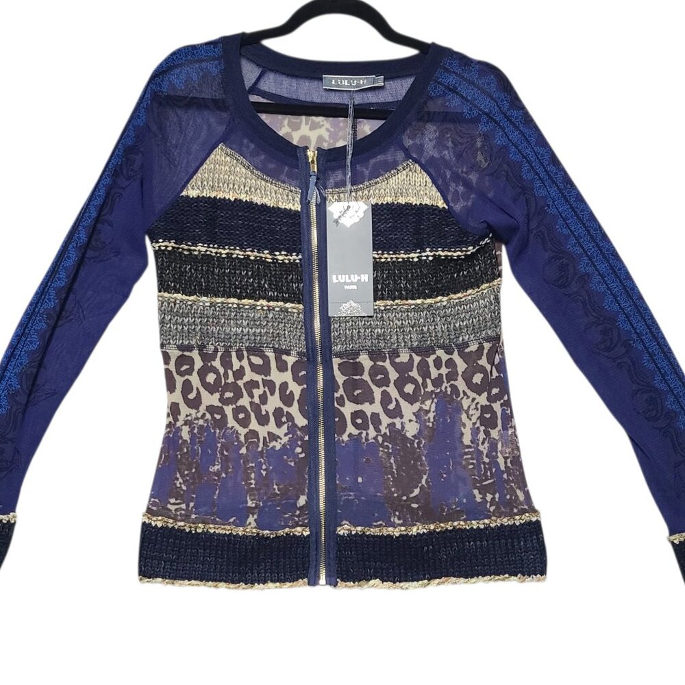 Lulu H  Knit Zip Sheer Sleeve Top  Women's Size Large